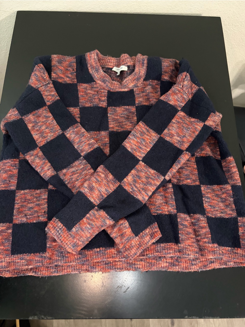 Madewell Women’s Checkered pullover in Navy and Red Orange